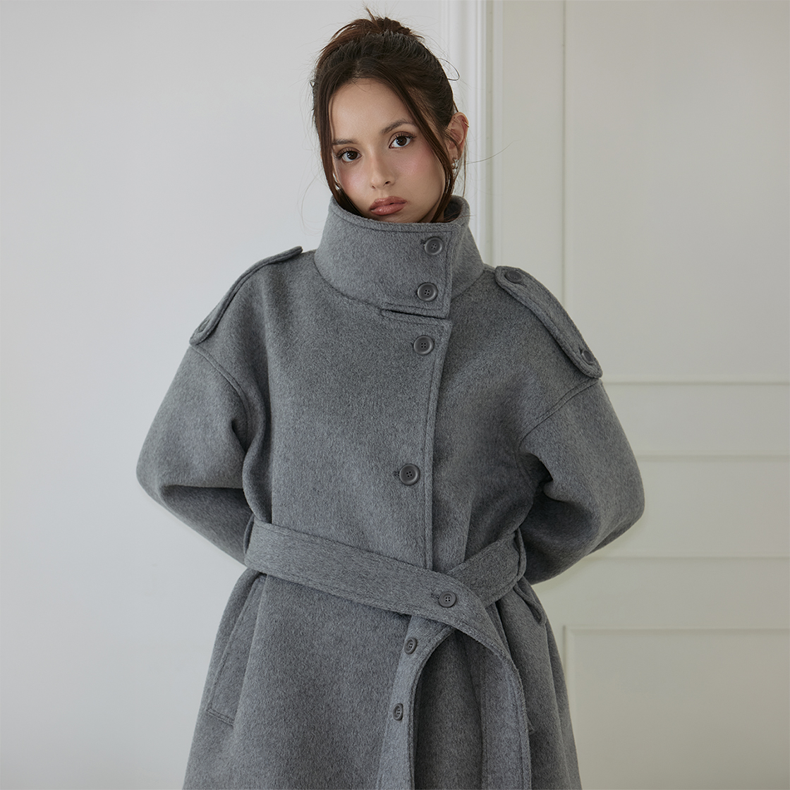 로제프란츠 벨티드 퍼널넥 울 하프 코트 [그레이](Rosefrantz Belted Funnel-Neck Wool Half Coat [Gray]) - 4