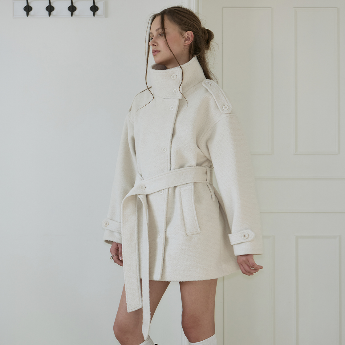 로제프란츠 벨티드 퍼널넥 울 하프 코트 [아이보리](Rosefrantz Belted Funnel-Neck Wool Half Coat [Ivory]) - 5
