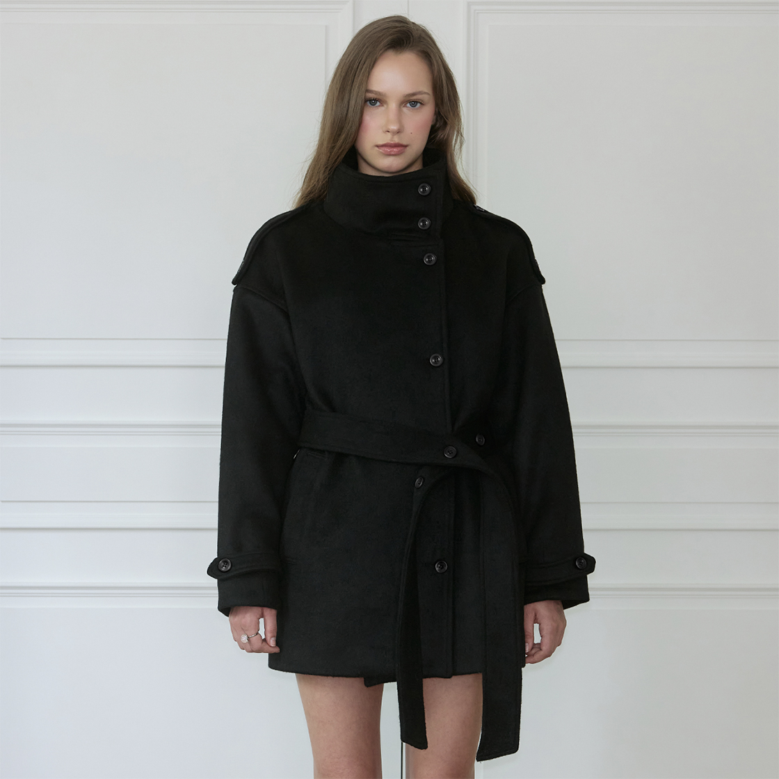 로제프란츠 벨티드 퍼널넥 울 하프 코트 [블랙](Rosefrantz Belted Funnel-Neck Wool Half Coat [Black]) - 2