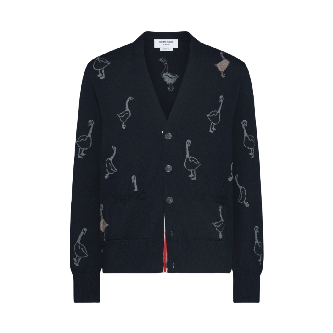 MKC599A Y1051 415 25F [15% 쿠폰] Thom Browne Geese Intarsia Merino Wool Relaxed Fit V-Neck Cardigan Navy