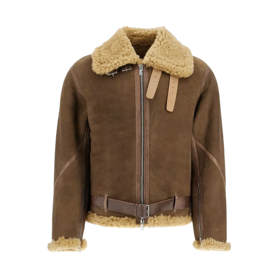 8095383 Burberry Shearling Aviator Trim Leather Jacket Brown
