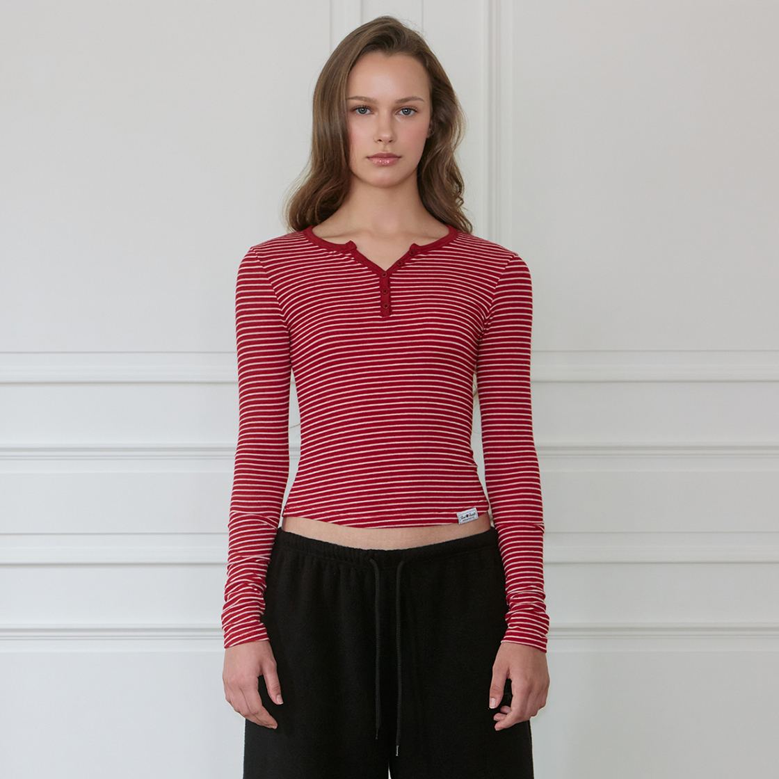 로제프란츠 스트라이프 울 헨리넥 롱 슬리브 [로즈 레드](Rosefrantz Striped Wool Henley Long Sleeve [Rose Red]) - 2