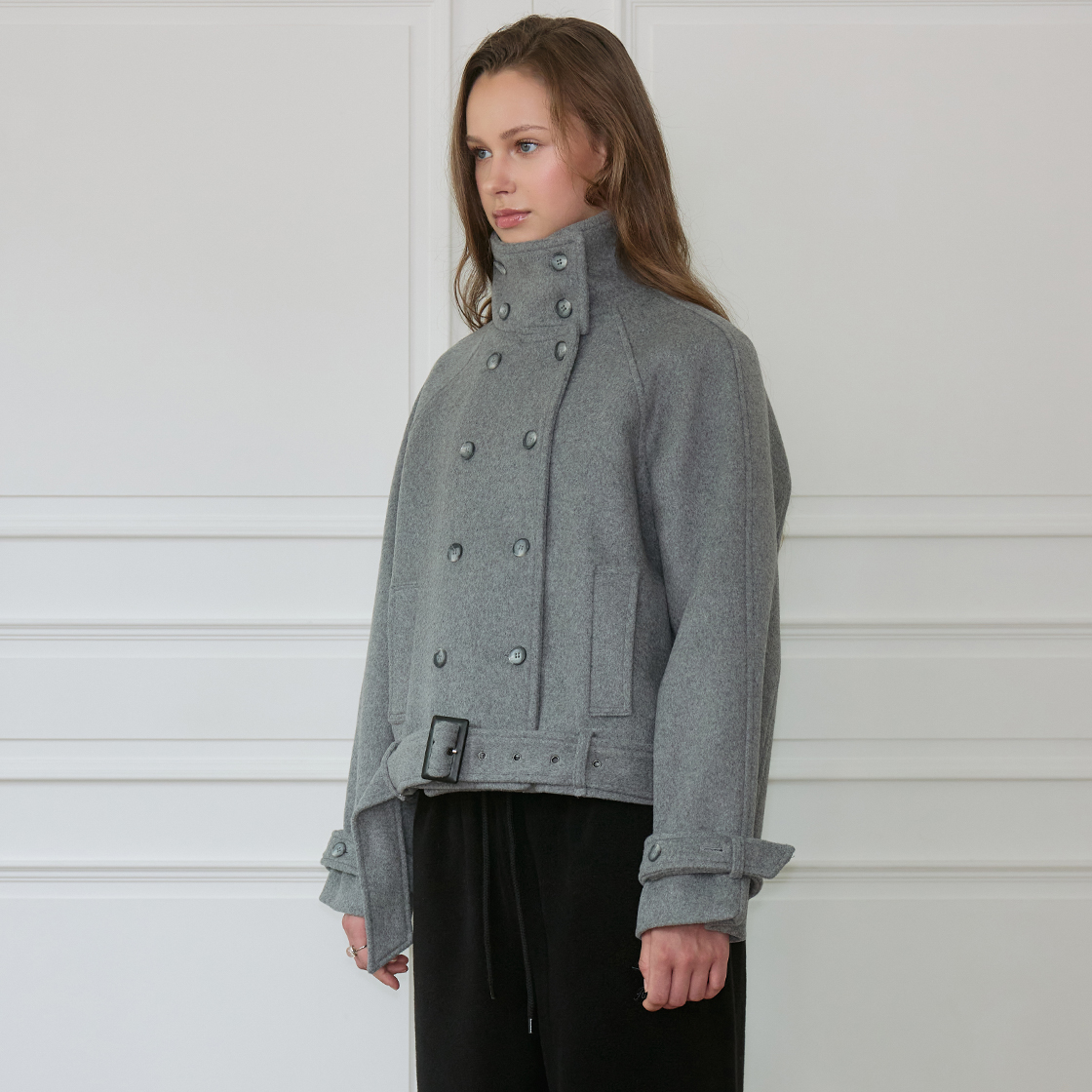 로제프란츠 더블 브레스티드 울 크롭 코트 [그레이](Rosefrantz Double-Breasted Wool Crop Coat [Gray]) - 3