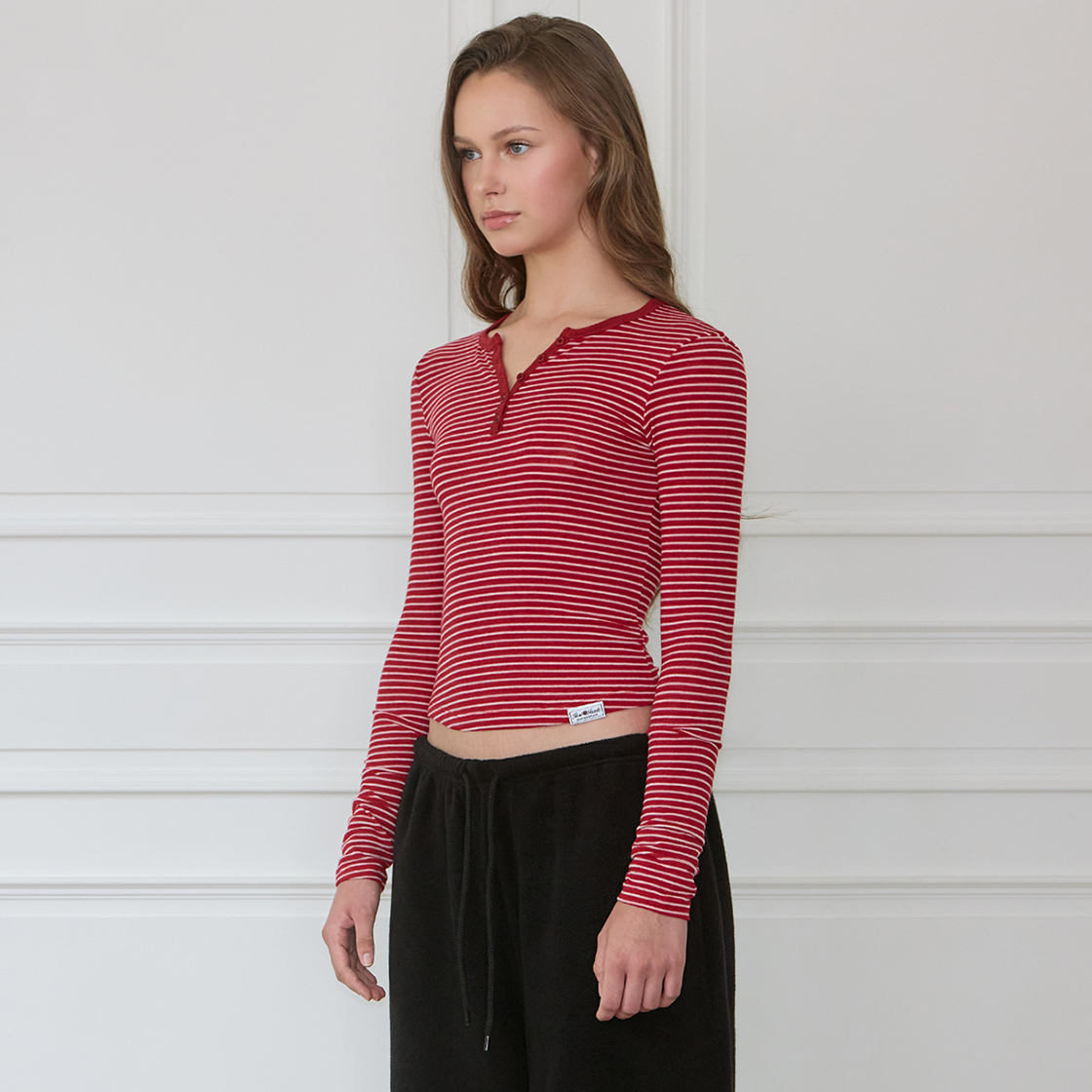 로제프란츠 스트라이프 울 헨리넥 롱 슬리브 [로즈 레드](Rosefrantz Striped Wool Henley Long Sleeve [Rose Red]) - 3