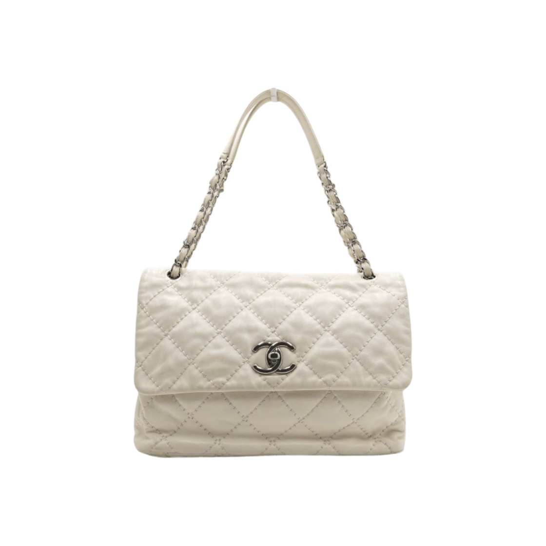 ITHDMKJBPF8L Chanel White Leather Quilted Stitch CC Logo Flap Shoulder Bag