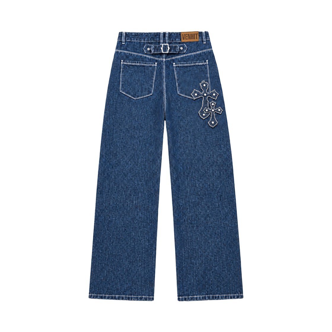 26FV007 VENHIT Cross Appliqué Striped Denim Pants Navy