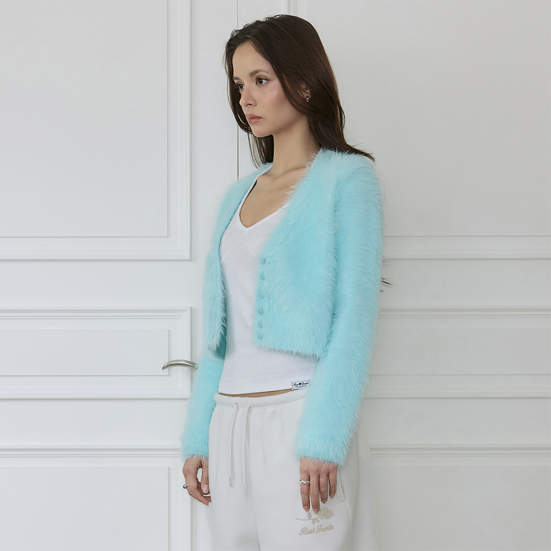 로제프란츠 퍼지 브이넥 크롭 가디건 [민트](Rosefrantz Fuzzy V-Neck Cropped Cardigan [Mint]) - 4