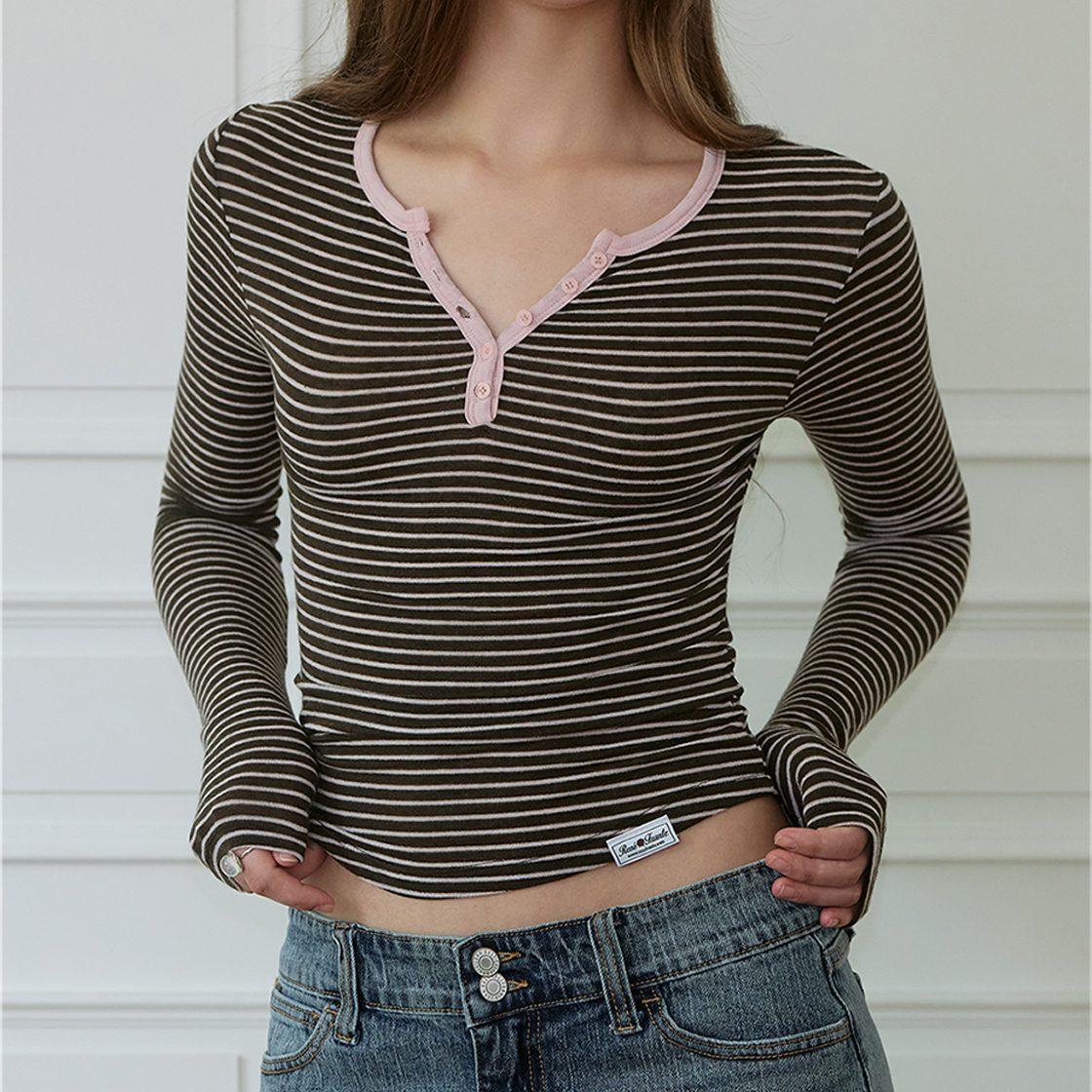로제프란츠 스트라이프 울 헨리넥 롱 슬리브 [브라운](Rosefrantz Striped Wool Henley Long Sleeve [Brown]) - 3