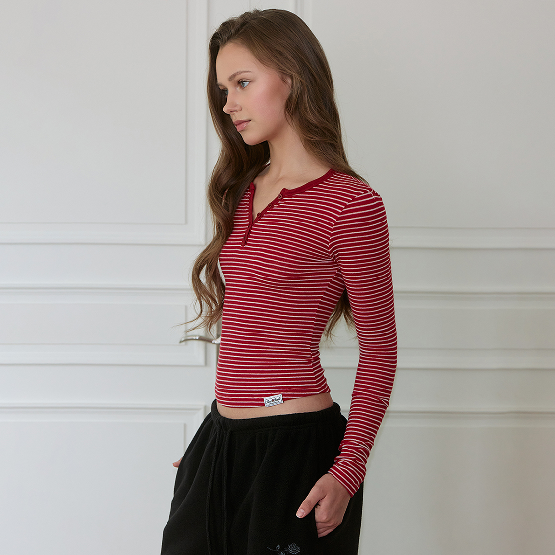 로제프란츠 스트라이프 울 헨리넥 롱 슬리브 [로즈 레드](Rosefrantz Striped Wool Henley Long Sleeve [Rose Red]) - 4