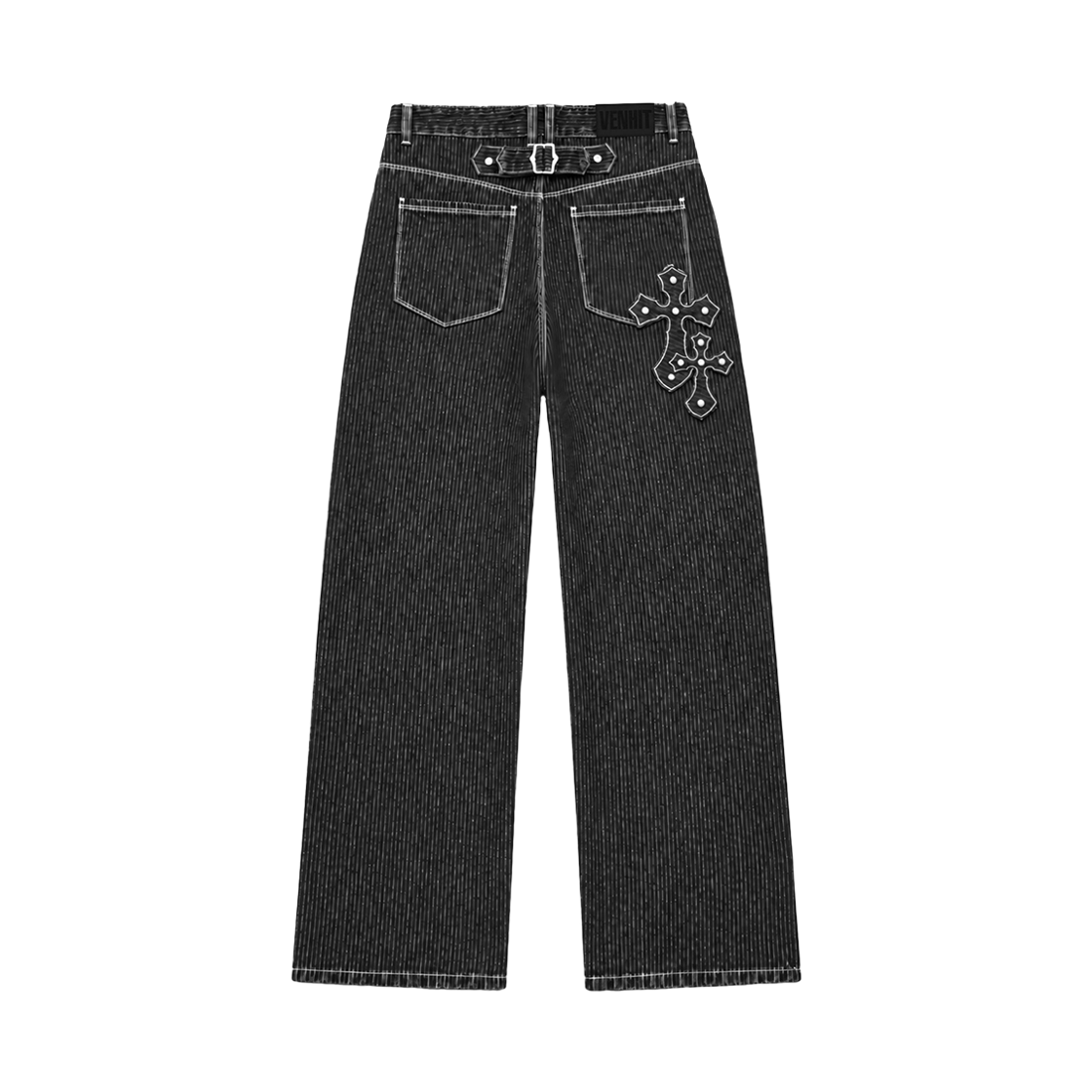 26FV007 VENHIT Cross Appliqué Striped Denim Pants Black