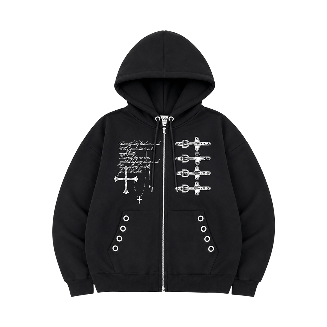 26FV007 VENHIT Broken Wing Eyelet Hoodie Zip-Up Black