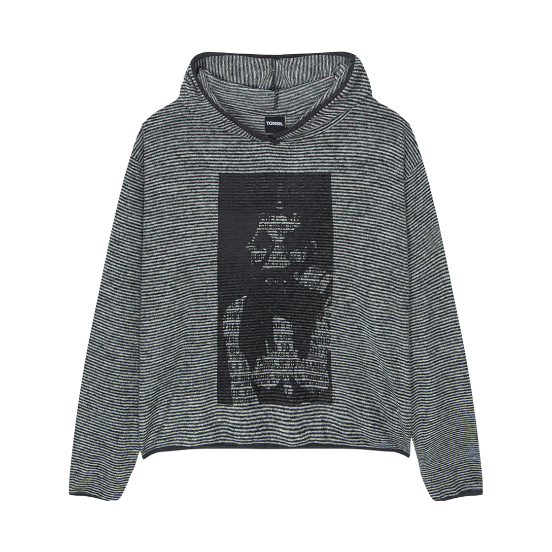 톤슬 그래픽 프린트 스트라이프 크롭 후드 티셔츠 그레이(TONSIL Graphic Printed Stripe Cropped Hoodie Grey)