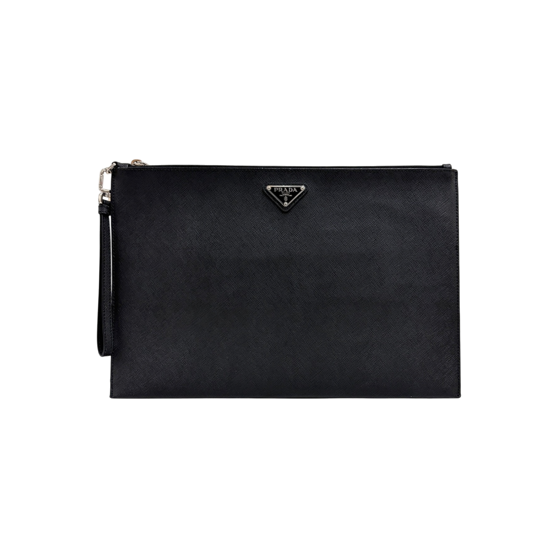ITI8UDE9SSK9 Prada Saffiano Triangle Logo Strap Clutch Bag Black