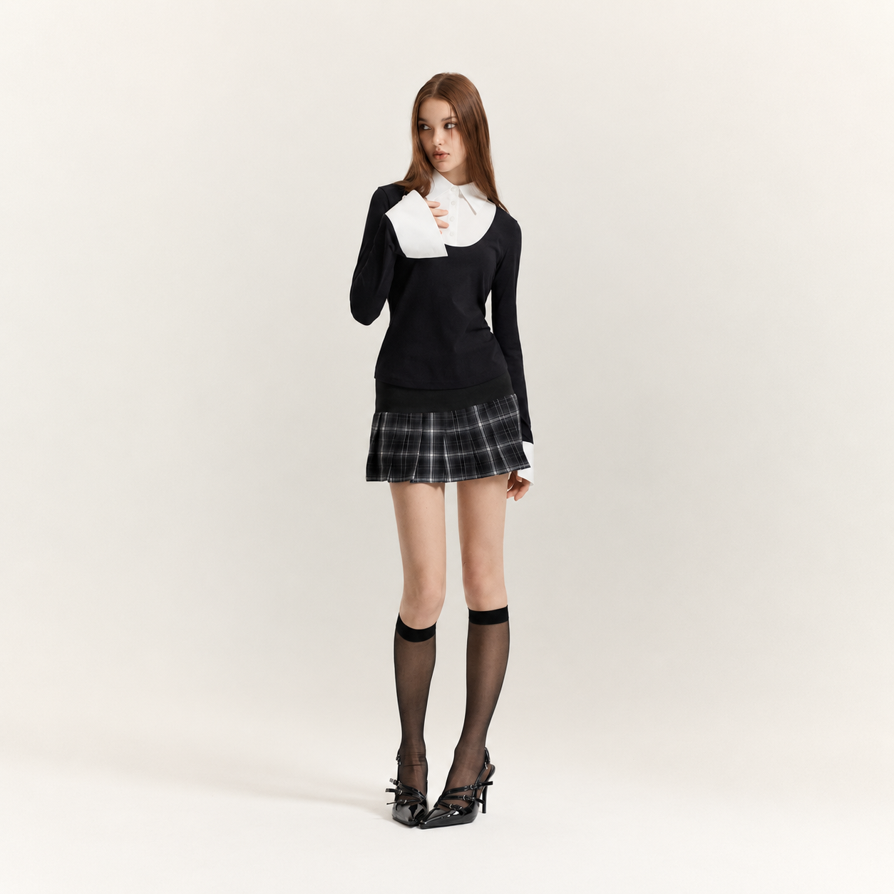 아크메서드 클래식 셔츠 레이어드 탑 (블랙 & 화이트)(ARCMETHOD Classic Shirt-Layered Top (Black + White)) - 4