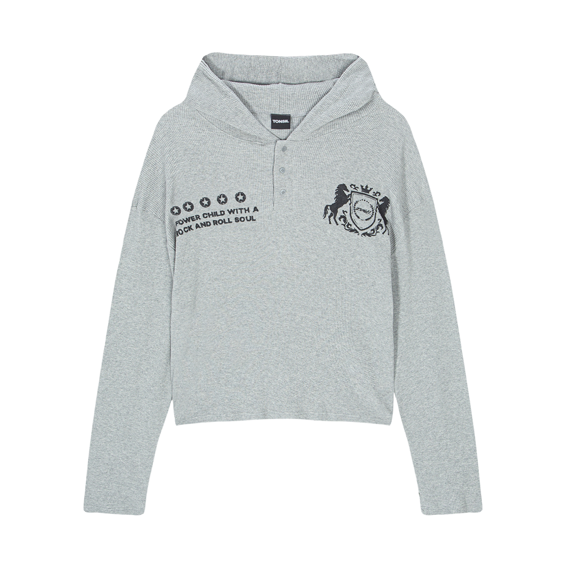 TTSFC05OG TONSIL Printed Henley-Neck Waffle Cropped Hooded T-Shirt GREY