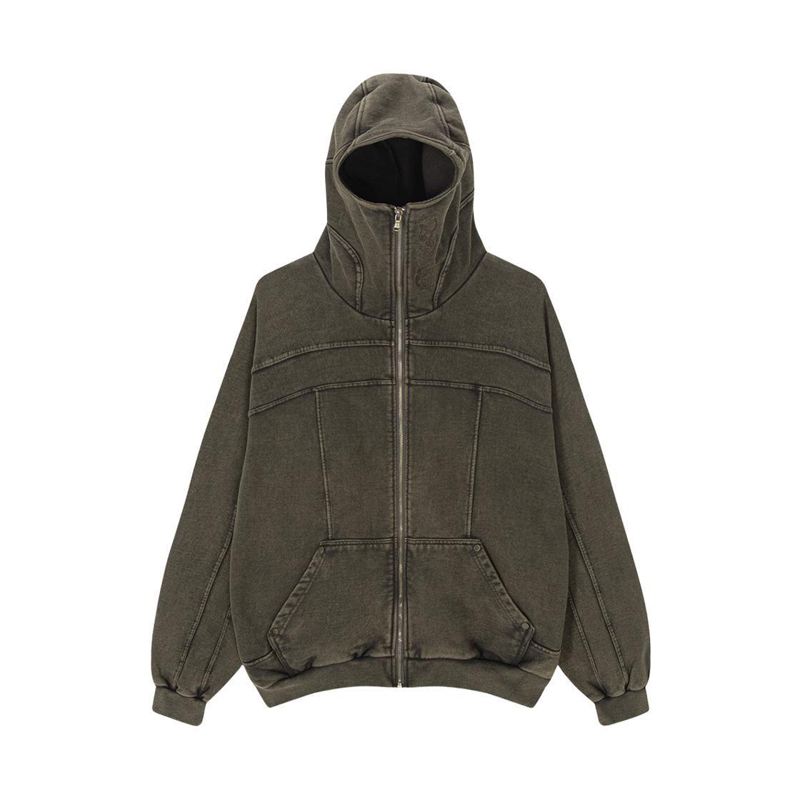 톤슬 복면 절개 집업 후드 티셔츠 브라운(TONSIL Balaclava Cutout Zip-Up Hoodie Brown)