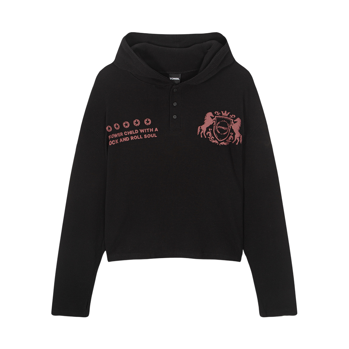 톤슬 프린팅 헨리넥 와플 크롭 후드 티셔츠 블랙(TONSIL Printed Henley-Neck Waffle Cropped Hooded T-Shirt Black) - 1