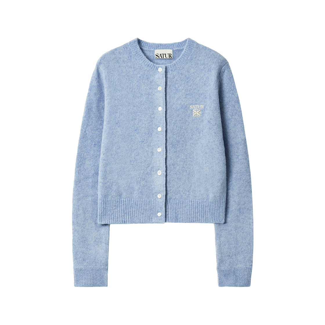 SA254WKC08SBL0 SATUR W Loren Wool Blend Crew Neck Knit Cardigan Sky Blue
