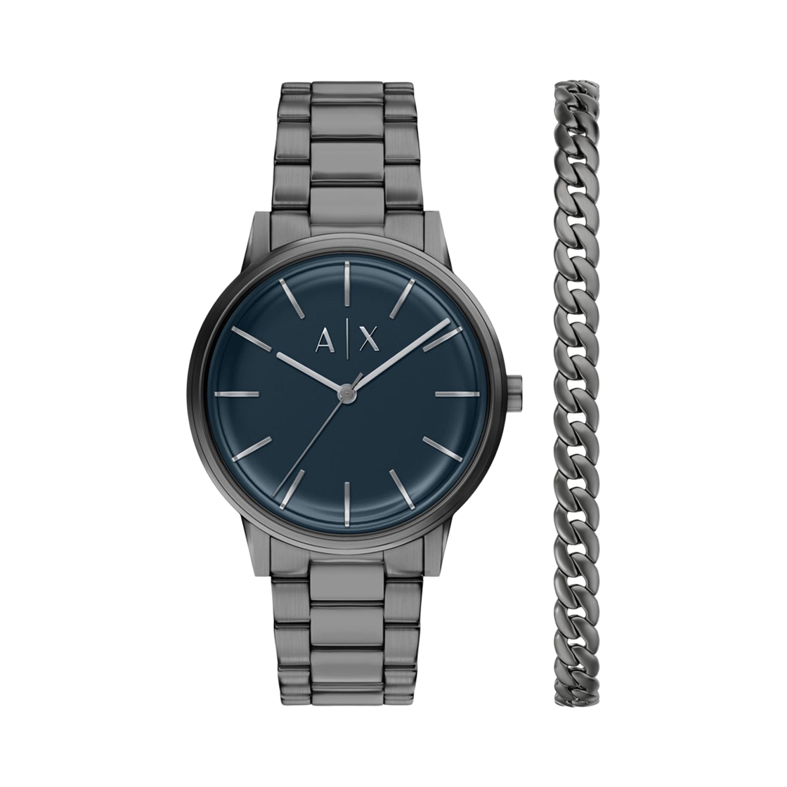 아르마니 익스체인지 쿼츠 크로노그래프 42mm 스테인리스 스틸 브레이슬릿 세트 그레이 블루(Armani Exchange Quartz Chronograph 42mm Stainless Steel Bracelet Set Grey Blue)
