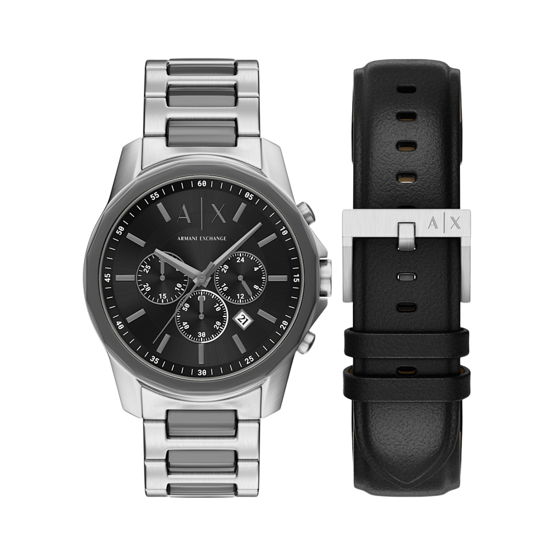 아르마니 익스체인지 쿼츠 크로노그래프 44mm 스테인리스 스틸 스트랩 세트 그레이 블랙(Armani Exchange Quartz Chronograph 44mm Stainless Steel Strap Set Grey Black)