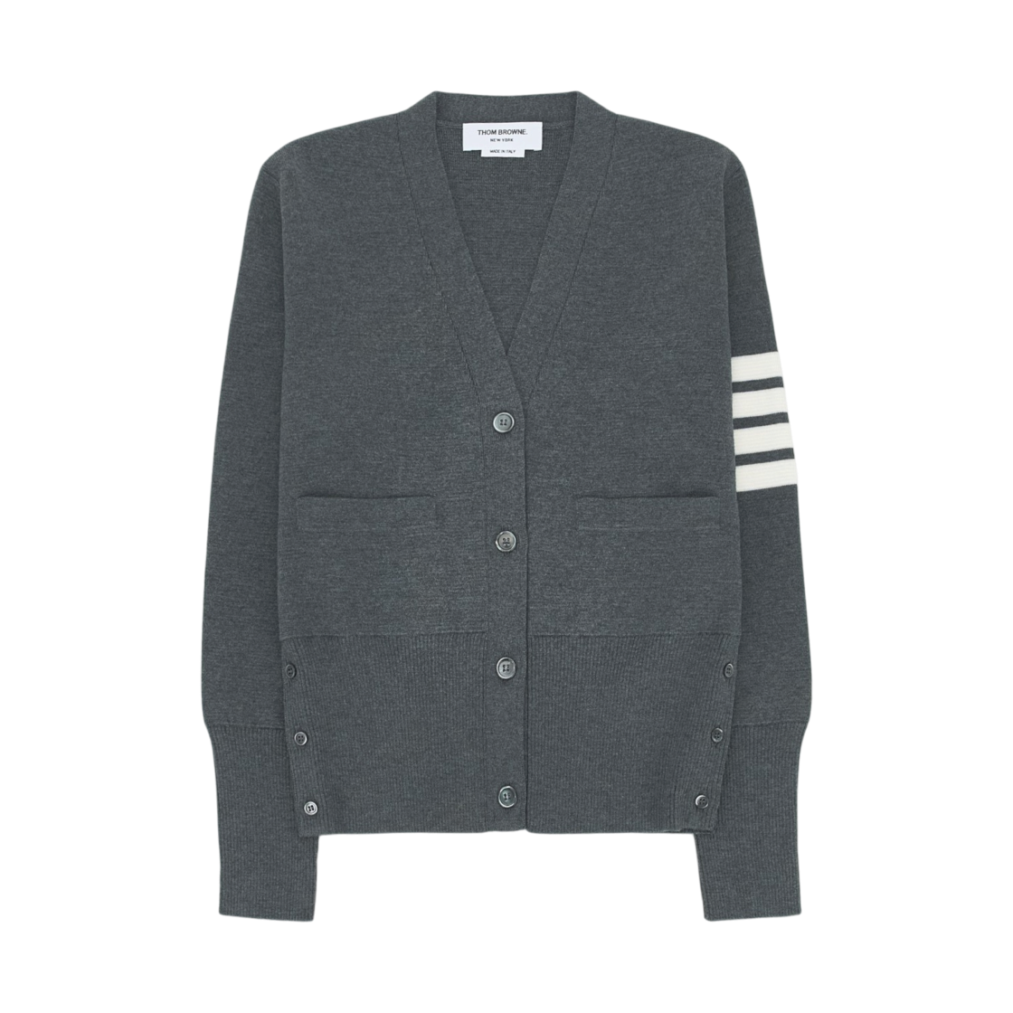 FKC207A-00014-035 (W) Thom Browne Fine Merino Wool Milano Stitch 4-Bar Classic V-Neck Cardigan Medium Grey