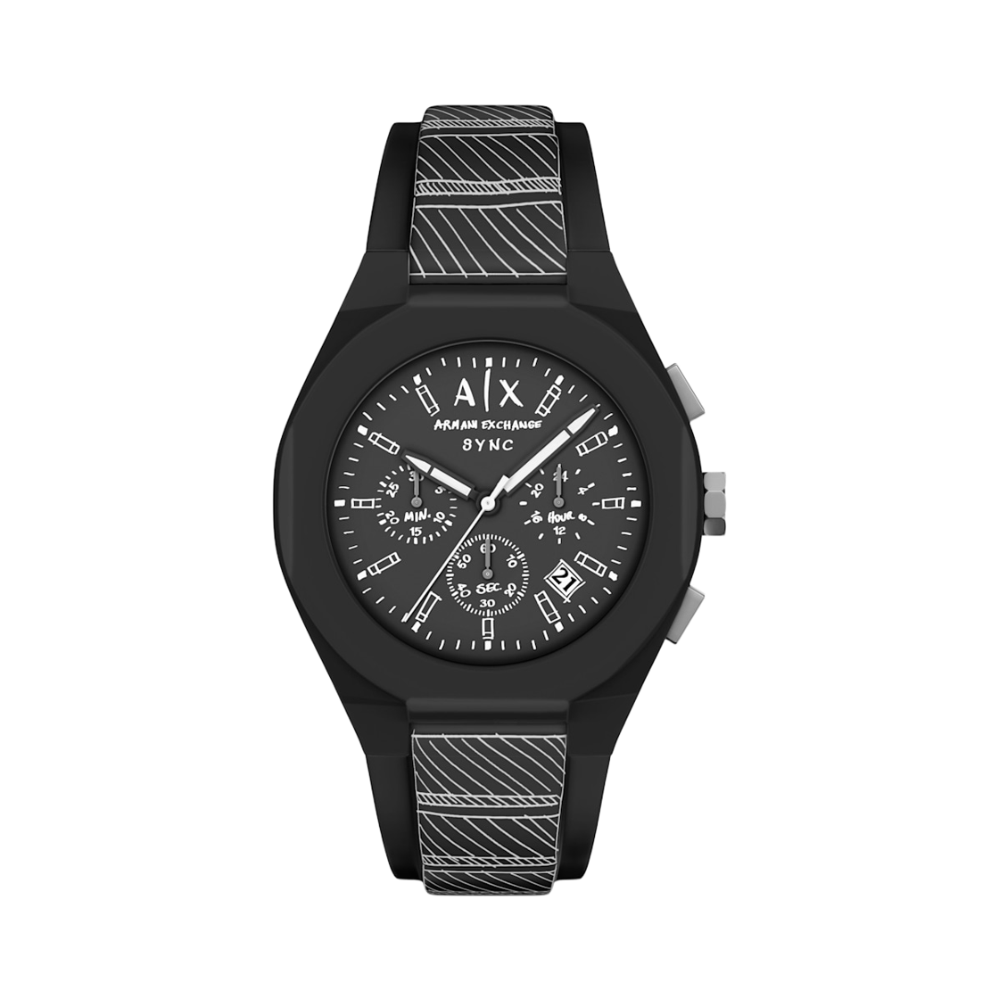 아르마니 익스체인지 싱크 쿼츠 크로노그래프 44mm 실리콘 나일론 블랙(Armani Exchange Sync Quartz Chronograph 44mm Silicone Nylon Black)