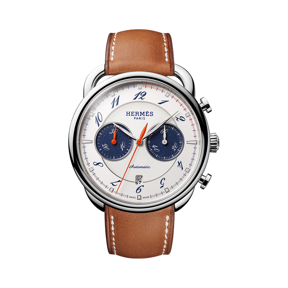 W404113WW00 Hermes Arceau Chronographe Watch Extra Large Natural Barenia Calfskin Strap & Steel