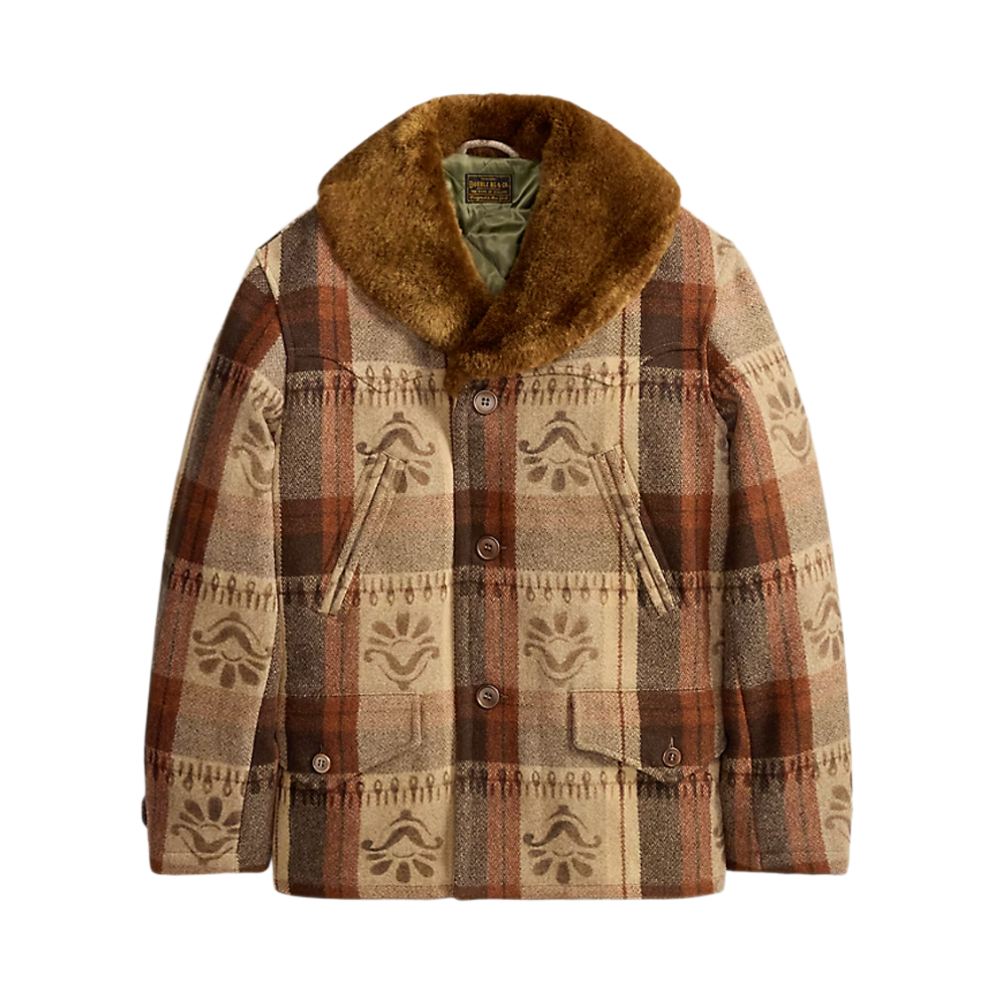 더블알엘 시얼링 칼라 플래드 트위드 랜치 코트 브라운 탄 멀티(Double RL Shearling Collar Plaid Tweed Ranch Coat) - 1