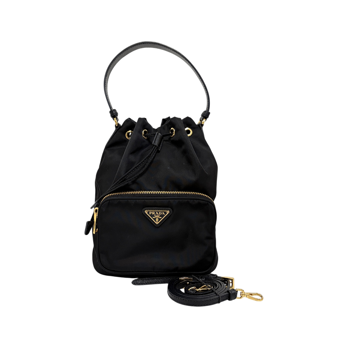 프라다 나일론 삼각로고 버킷백 복조리백 블랙(Prada Nylon Triangle Logo Bucket Bag Black)
