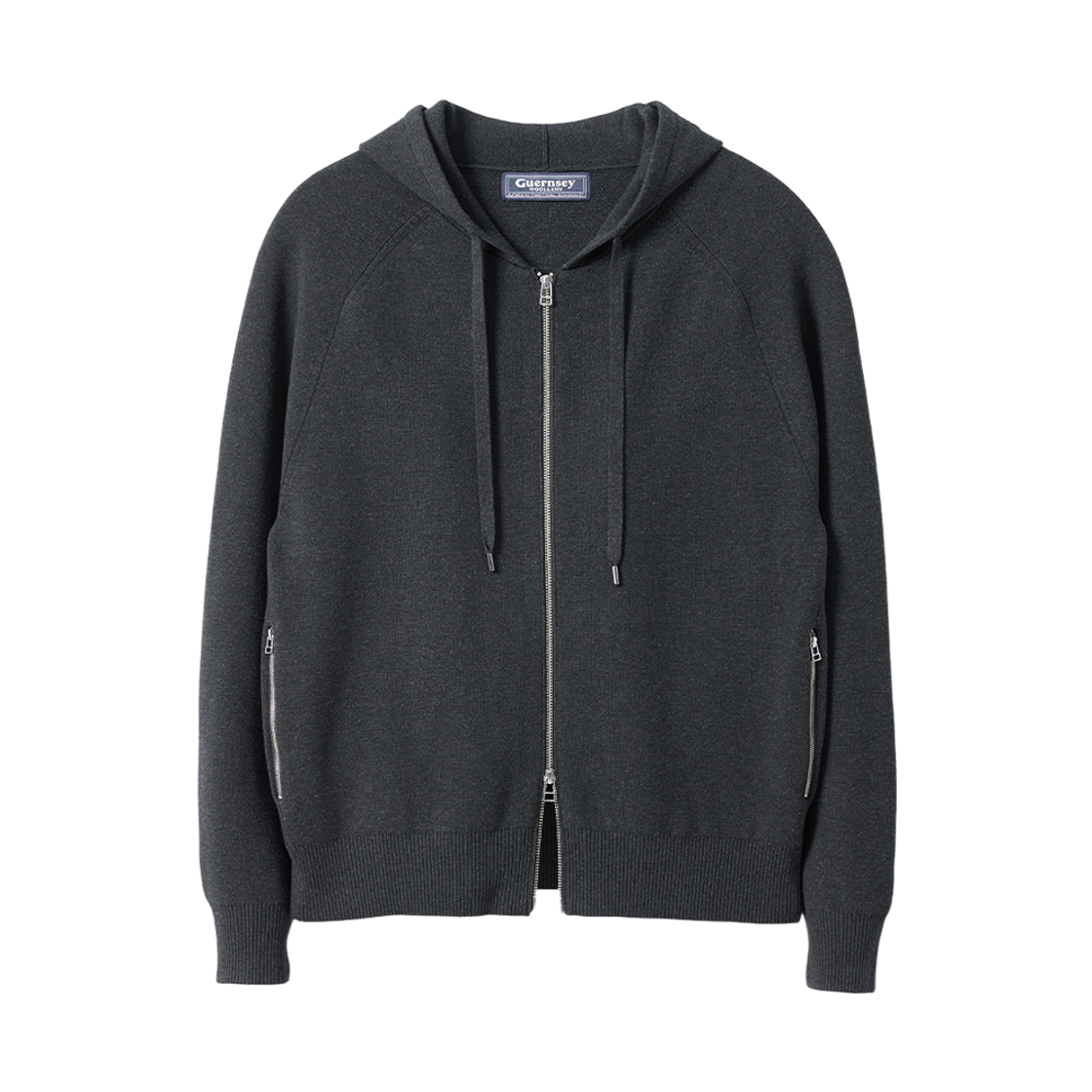 GW26CKN10-CH Guernsey Woollens Double Structure Hooded Knit Zip Up Charcoal