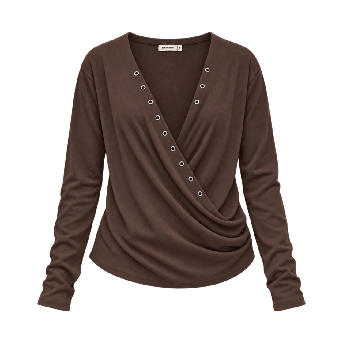 로맨티누어 드레이프 아일렛 핀턱 롱슬리브 티셔츠 - 브라운(ROMANTINUER Drape Eyelet Long Sleeve Top - Brown) - 1
