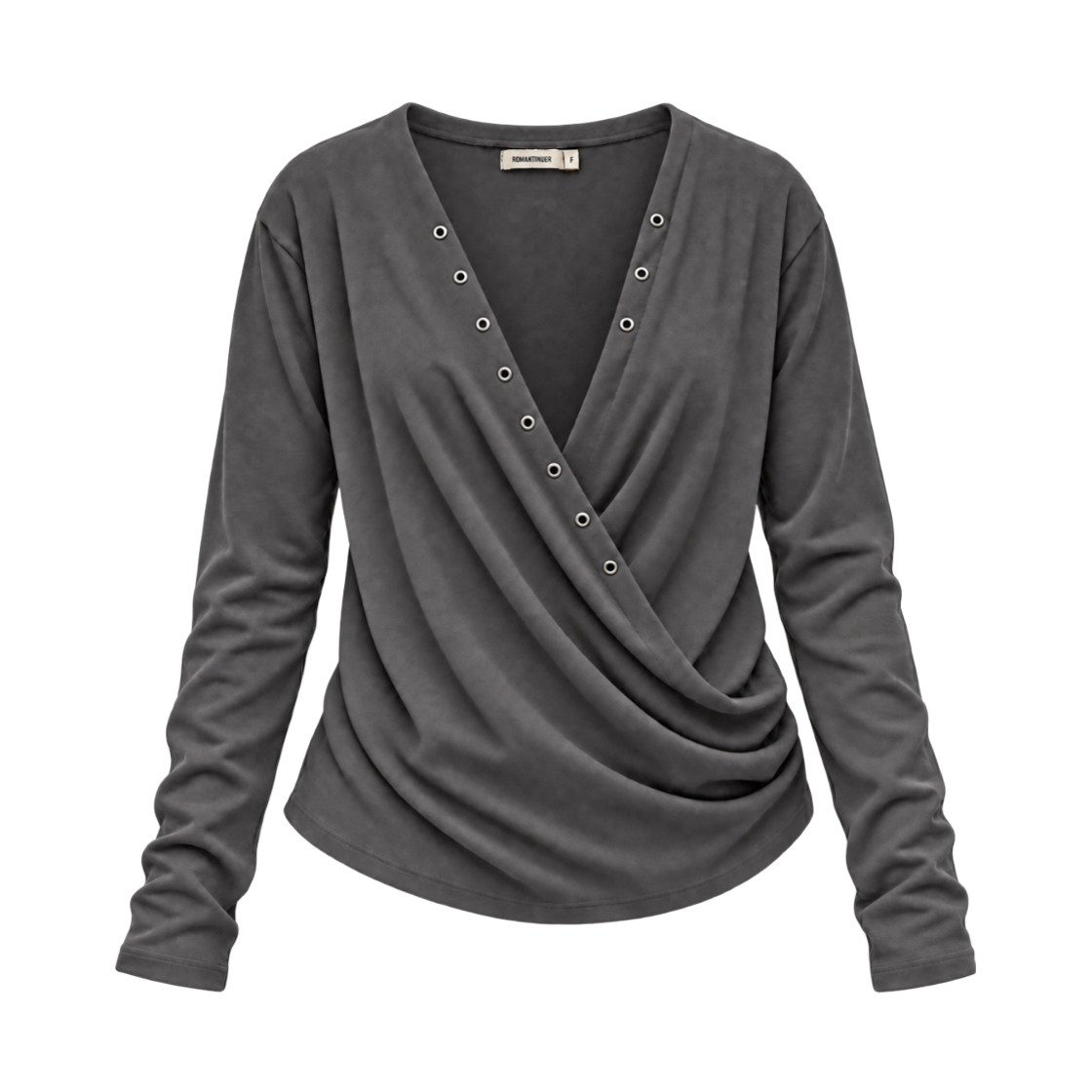 로맨티누어 드레이프 아일렛 핀턱 롱슬리브 티셔츠 - 차콜(ROMANTINUER Drape Eyelet Long Sleeve Top - Charcoal) - 1