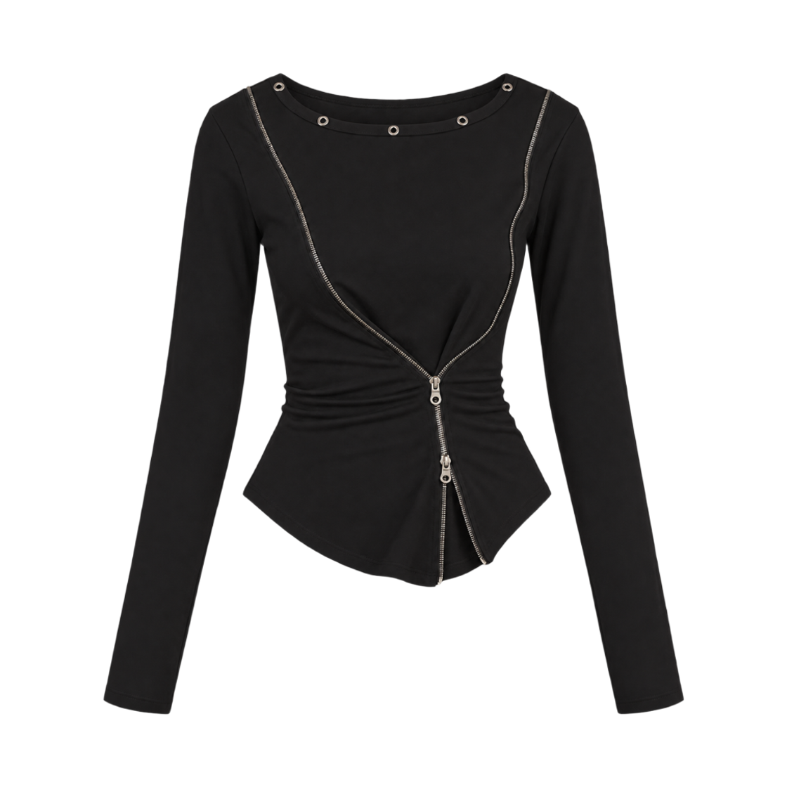 로맨티누어 절개 라인 지퍼 슬림 롱슬리브 티셔츠 - 블랙(ROMANTINUER Contour Zipper Long Sleeve Top - Black) - 1