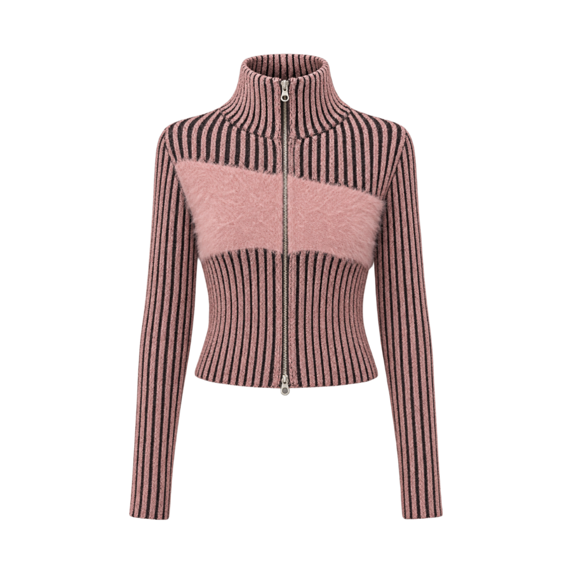 로맨티누어 하이넥 배색 니트 집업 가디건 - 핑크(ROMANTINUER High-Neck Panel Knit Zip-Up - Pink) - 1