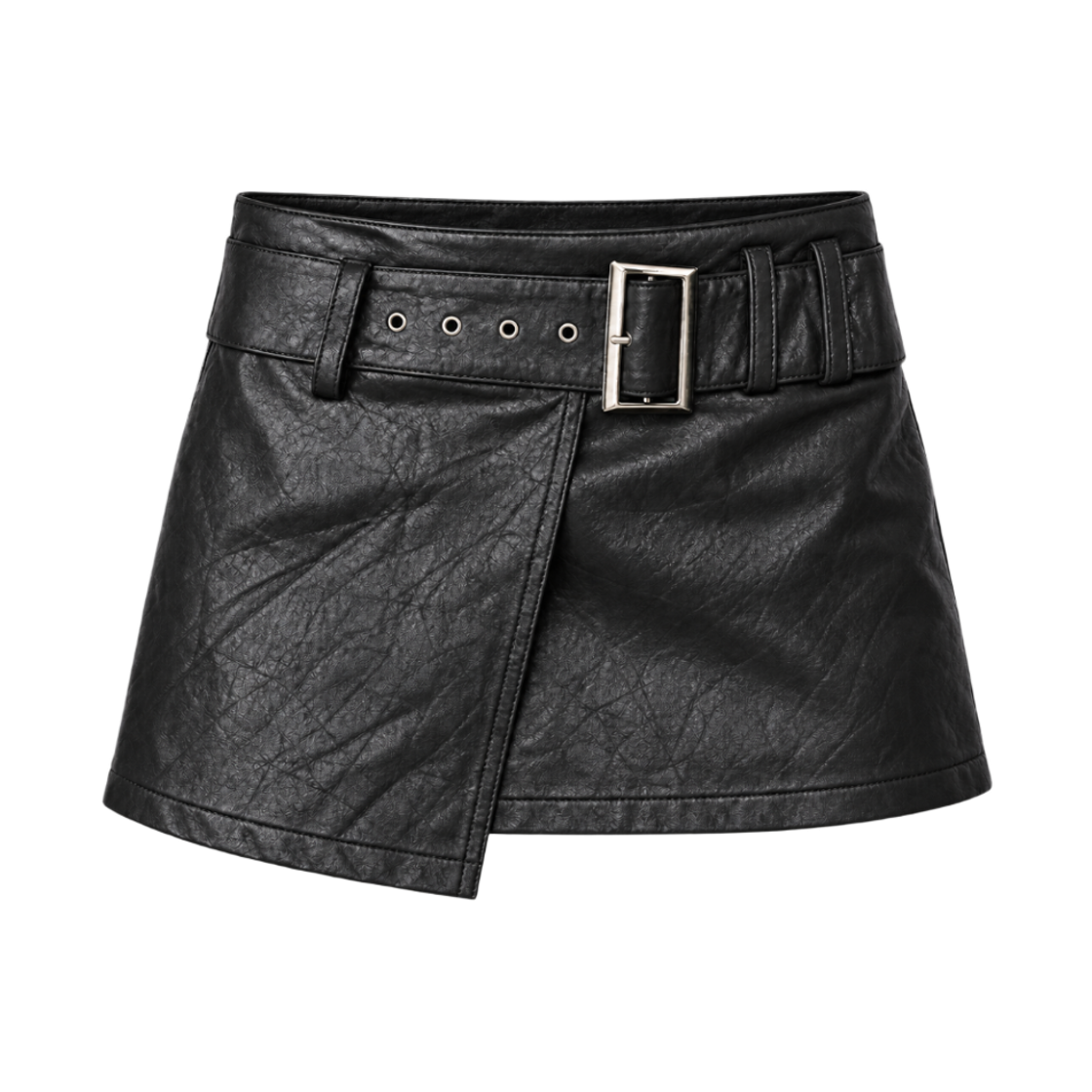로맨티누어 벨티드 레더 랩 미니스커트 - 블랙(ROMANTINUER Belted Leather Wrap Skort - Black)