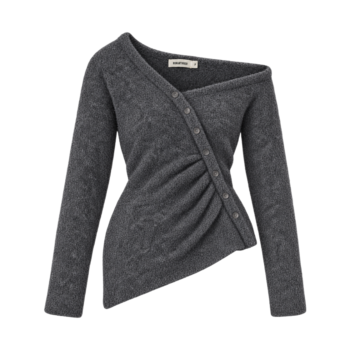 로맨티누어 오프숄더 버튼 부클 니트 가디건 - 차콜(ROMANTINUER Off shoulder Button Boucle Cardigan - Charcoal)