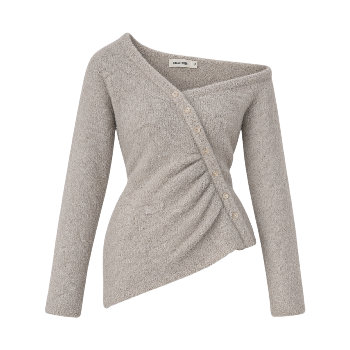 로맨티누어 오프숄더 버튼 부클 니트 가디건 - 오트밀(ROMANTINUER Off shoulder Button Boucle Cardigan - Oatmeal) - 1