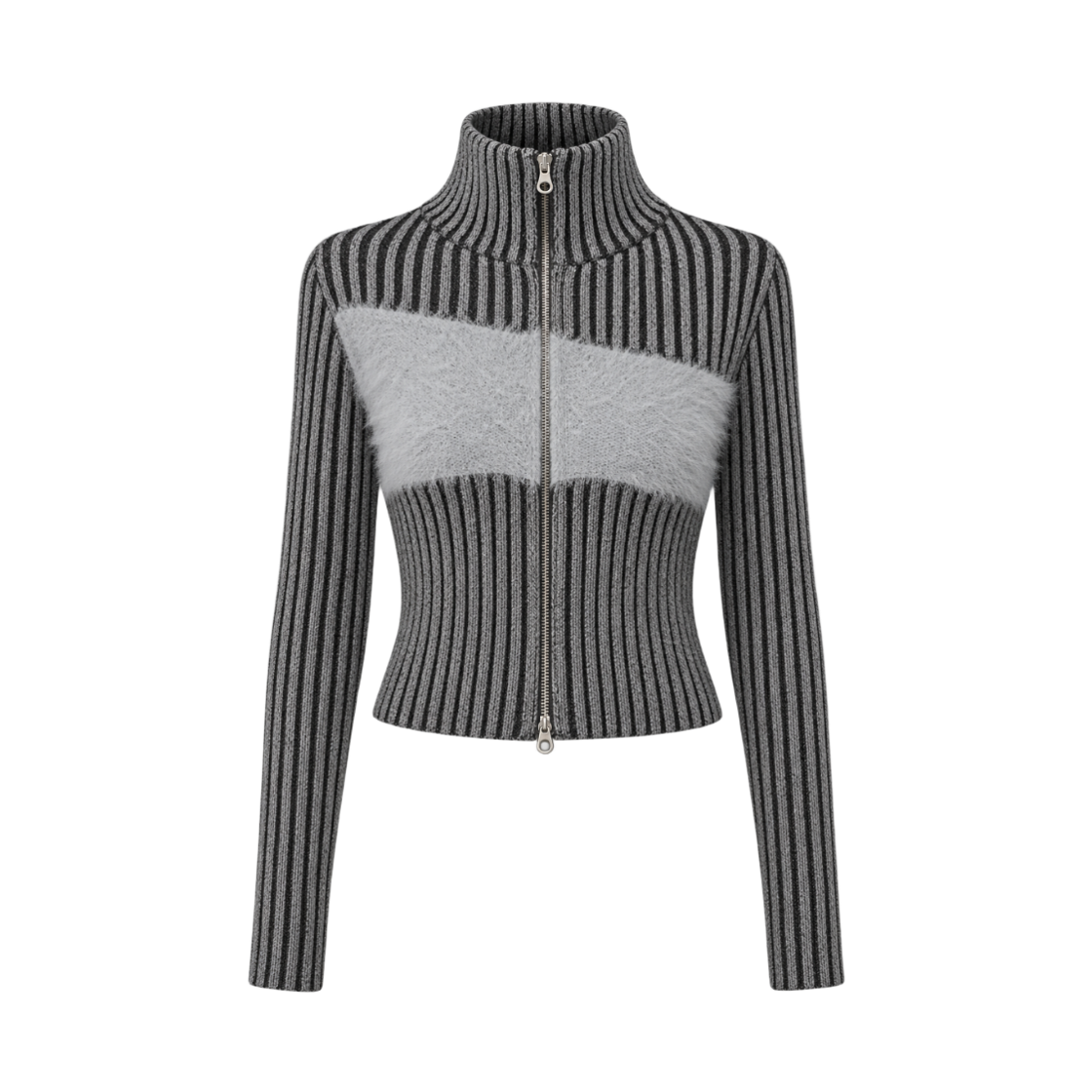 로맨티누어 하이넥 배색 니트 집업 가디건 - 차콜(ROMANTINUER High-Neck Panel Knit Zip-Up - Charcoal) - 1