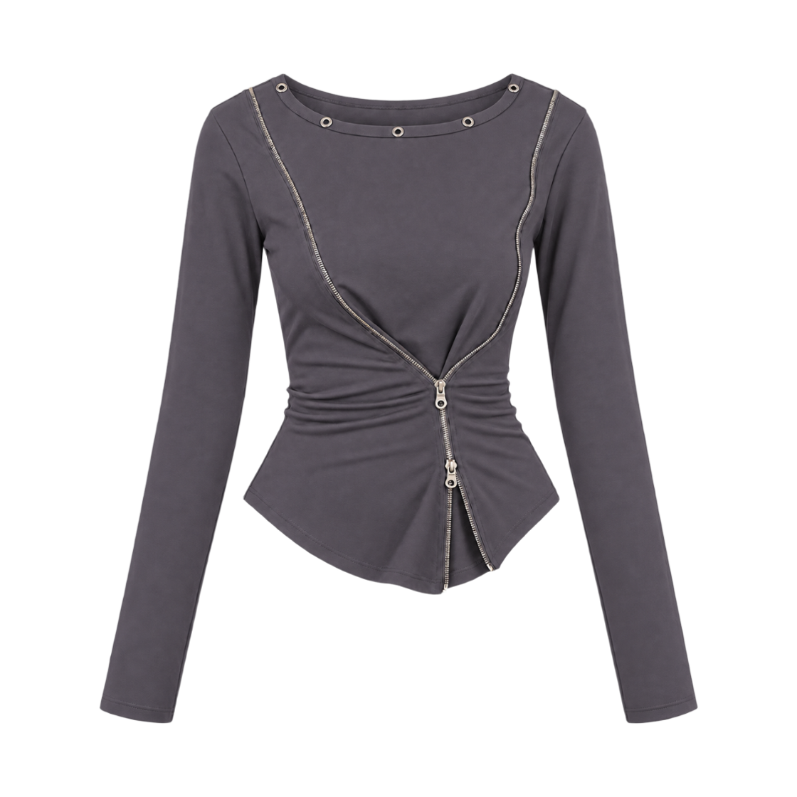 로맨티누어 절개 라인 지퍼 슬림 롱슬리브 티셔츠 - 차콜(ROMANTINUER Contour Zipper Long Sleeve Top - Charcoal)