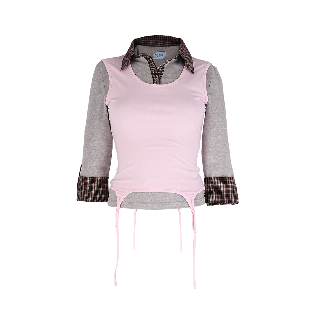 혼쿄 핑크 셔츠 레이어드 탑 핑크(Honkyo Pink Shirt Layered Top Pink)