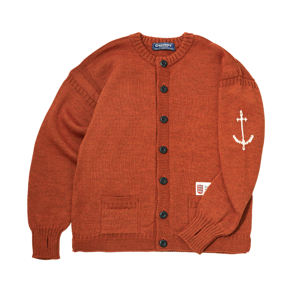 gwtr4301-bto Guernsey Woollens Fisherman Wholegarment Cardigan Burnt Orange