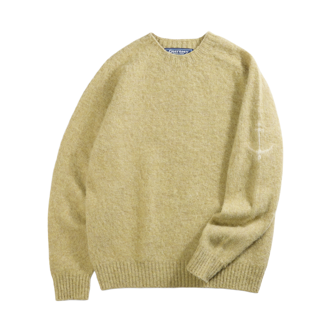 GW2DKN13-hv Guernsey Woollens Shetland Wool Shaggy Dog Wholegarment Sweater Herb Valley