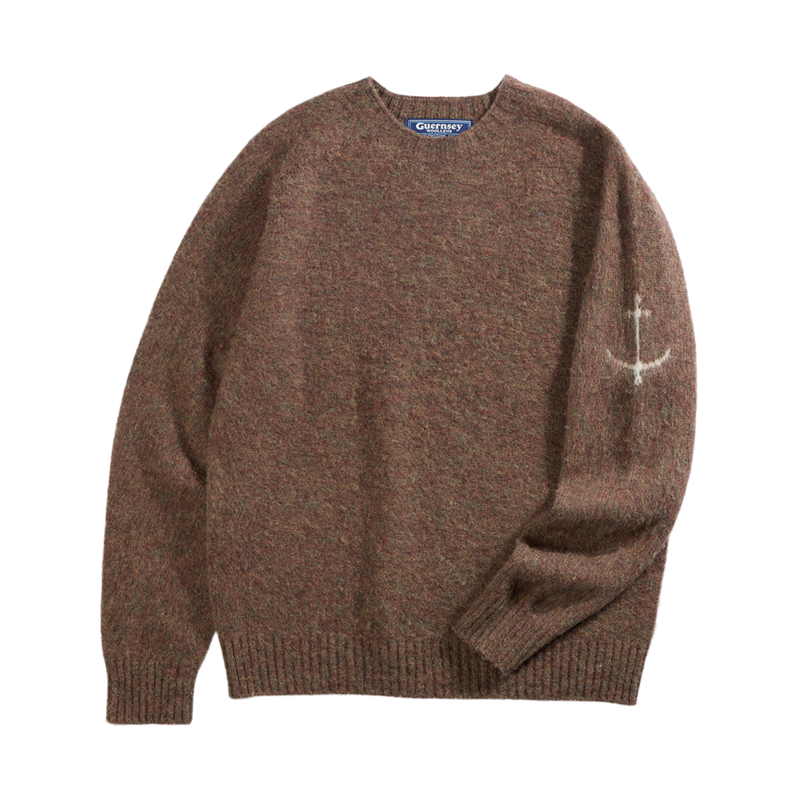 GW2DKN13-dbw Guernsey Woollens Shetland Wool Shaggy Dog Wholegarment Sweater Moss Brown