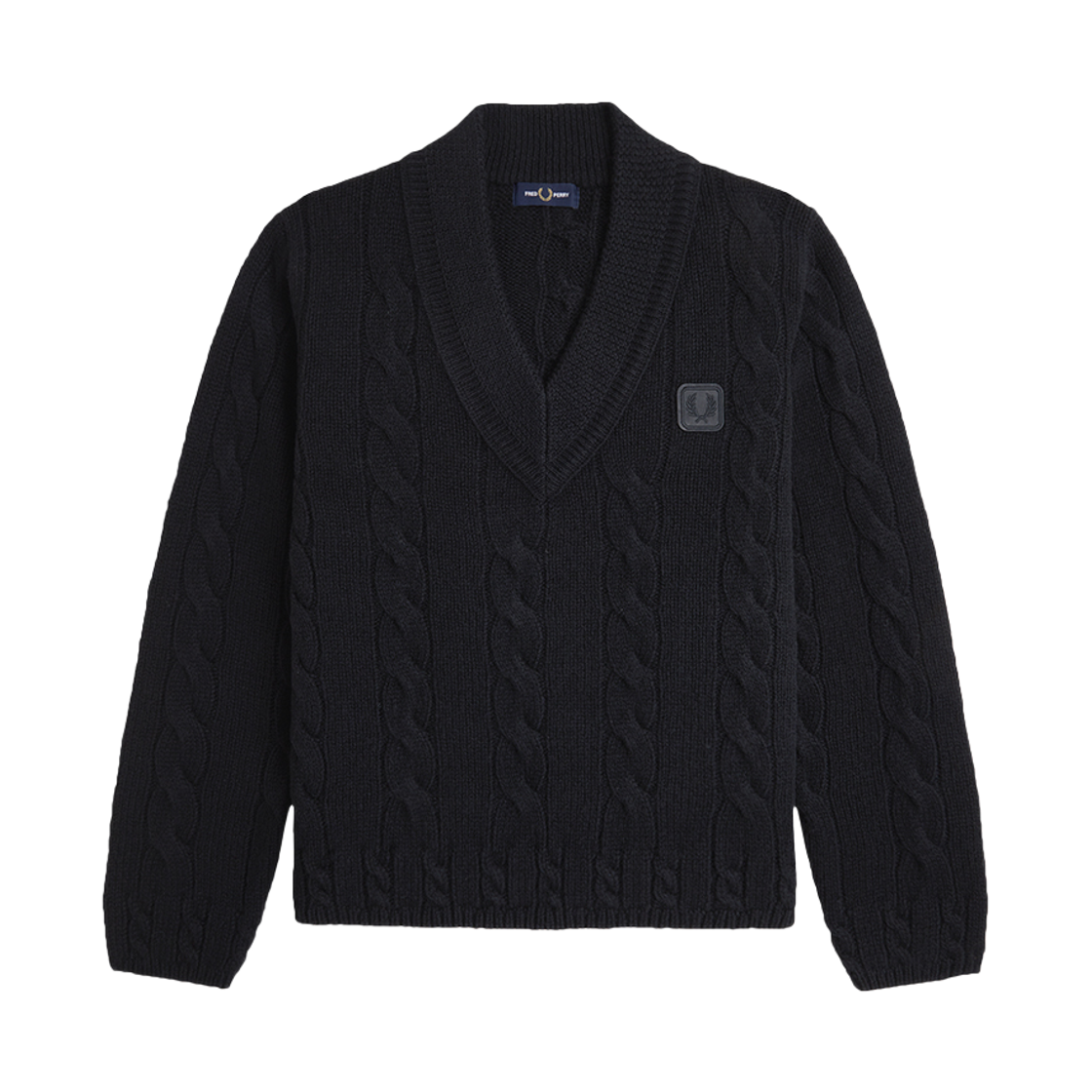 프레드페리 레더 패치 릴렉스드 케이블 니트 스웨터 블랙(Fred Perry Leather Patch Relaxed Cable Knit Sweater Black)