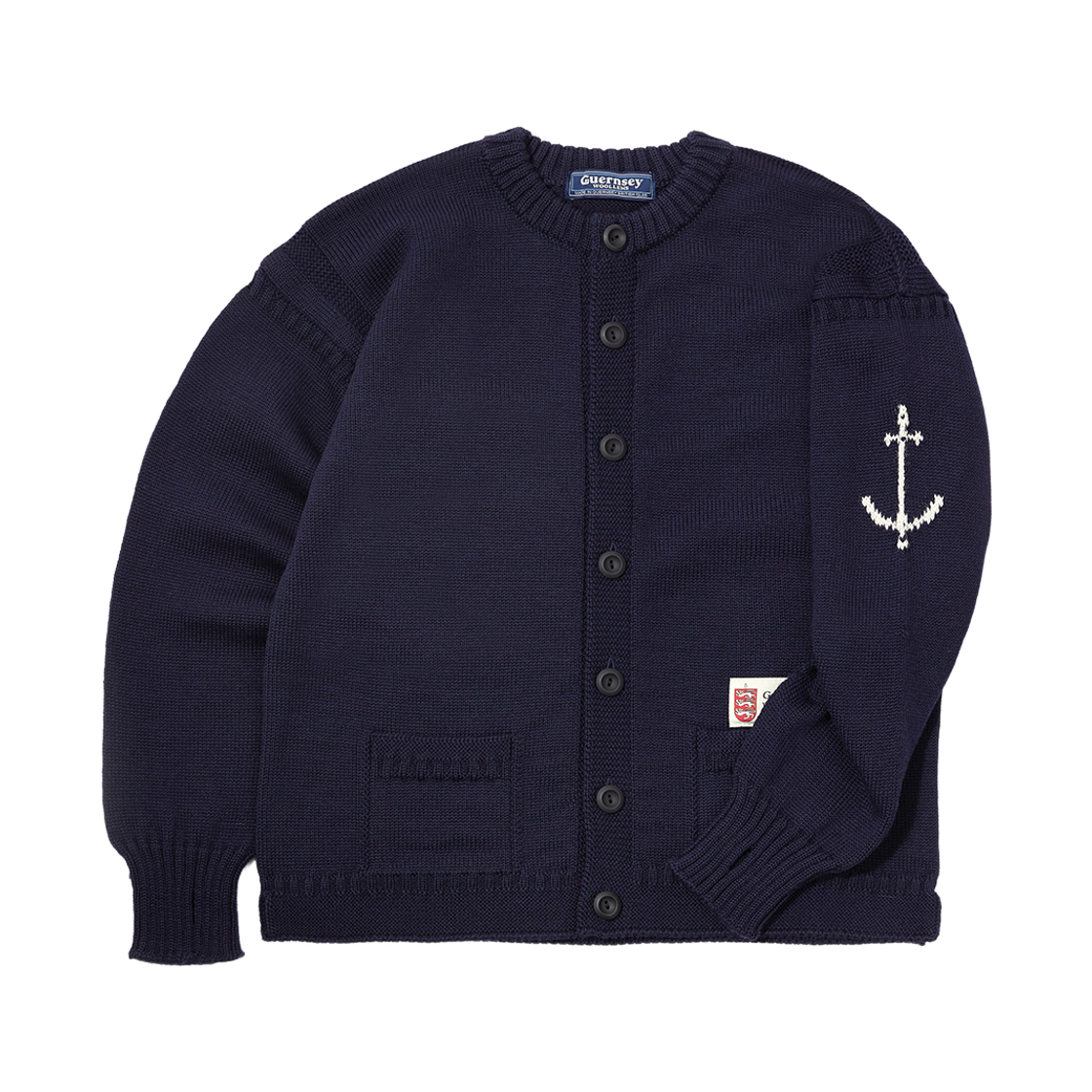 gwtr4301-nv Guernsey Woollens Fisherman Wholegarment Cardigan Navy