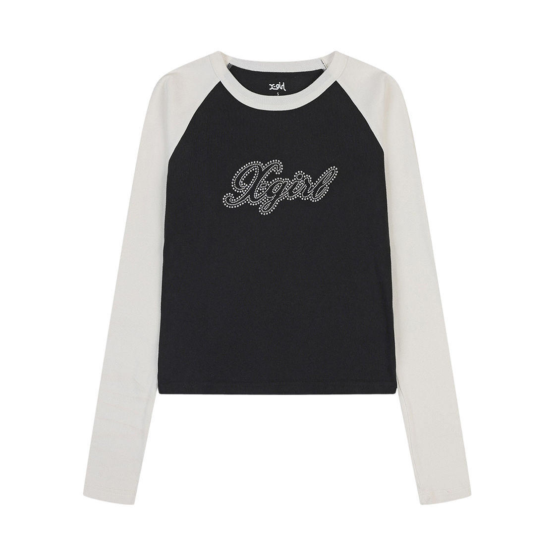 피어 엑스걸 라인스톤 스크립트 로고 롱 슬리브 래글런 베이비 티 블랙(PEER X-girl Rhinestone Script Logo L/S Raglan Baby Tee Black) - 1