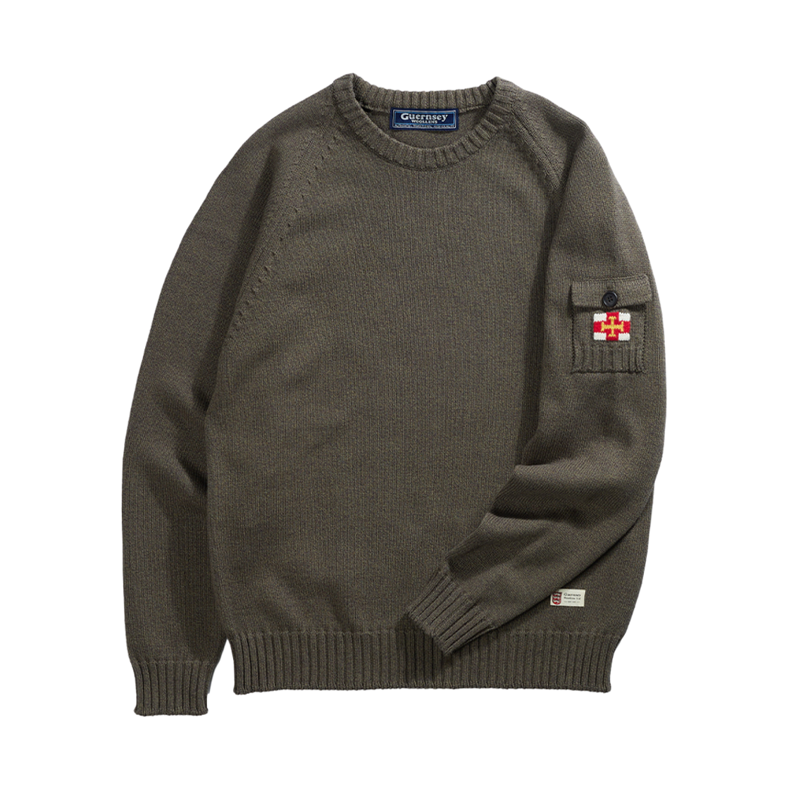 GW2CKN02-DGN Guernsey Woollens Cotton Raglan Pocket Sweater Dark Khaki
