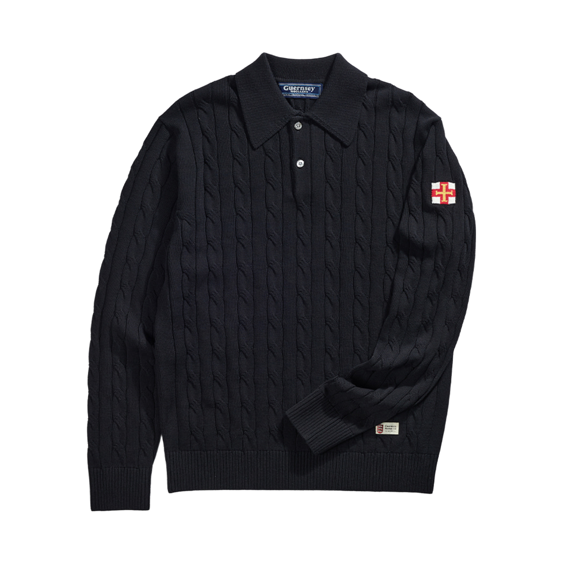 GW26AKN01-BK Guernsey Woollens Cotton Cable Long Sleeve Polo Knit Black