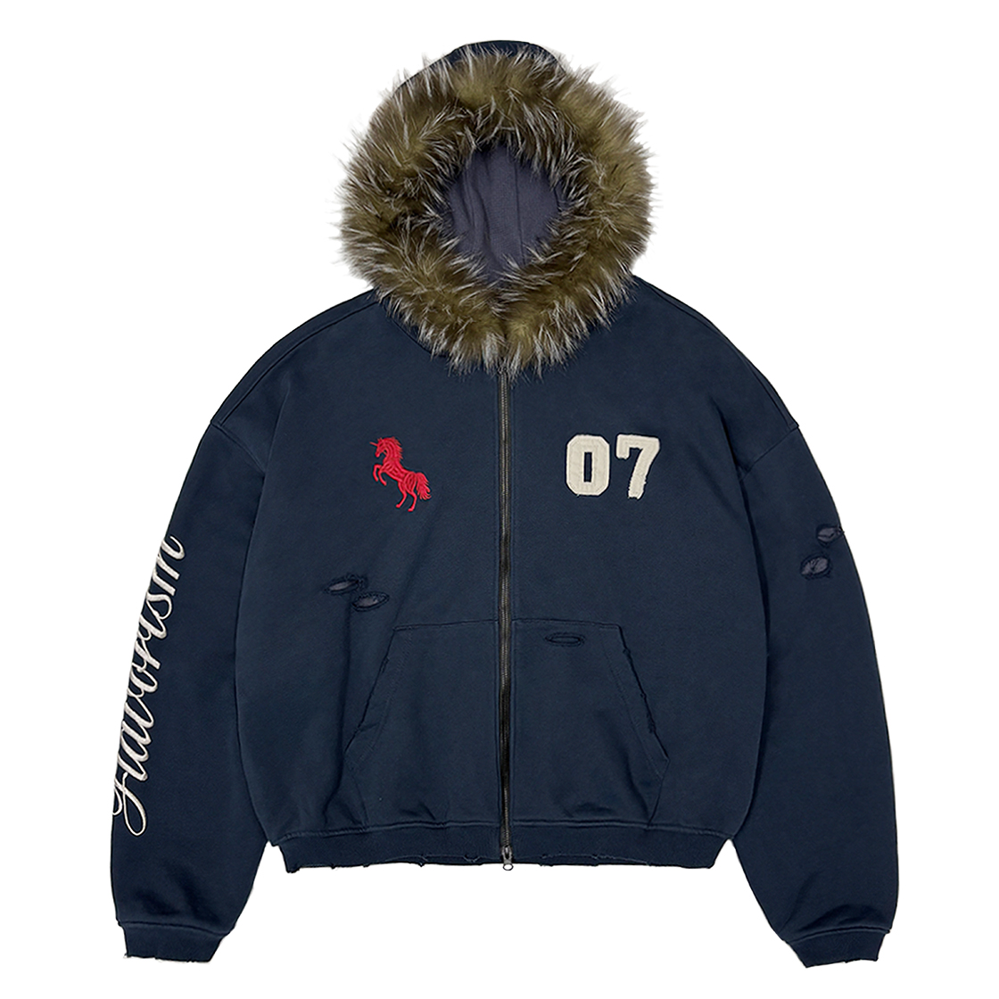 플레이버리즘 레드 홀스 와플 라이닝 집업 후드 네이비(Flavorism Red Horse Waffle Lining Zip Hoodie Navy) - 1