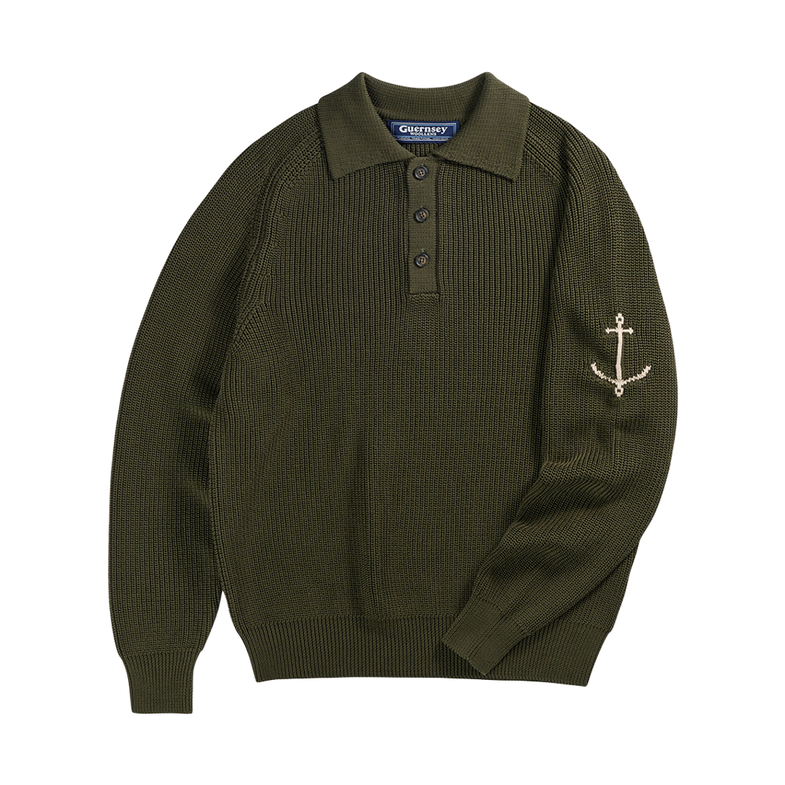 GW2CKN03-ov Guernsey Woollens Mercerized Cotton Saddle Polo Knit Olive